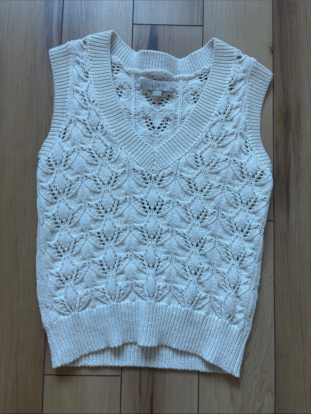 LOFT Cream Open-Stitch V-Neck Sweater Vest